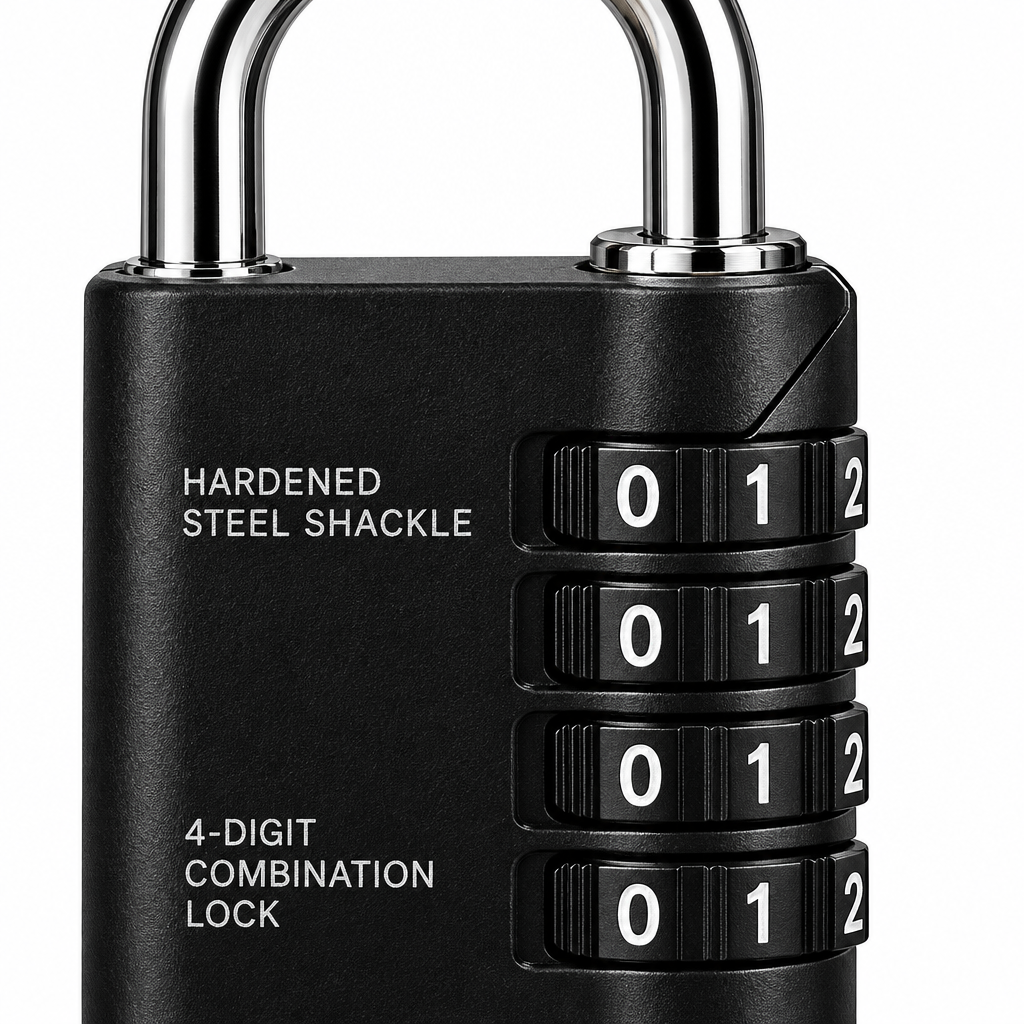 Macro close-up of 4-digit combination padlock showing numbered dials, alignment line, and hardened steel shackle joint
