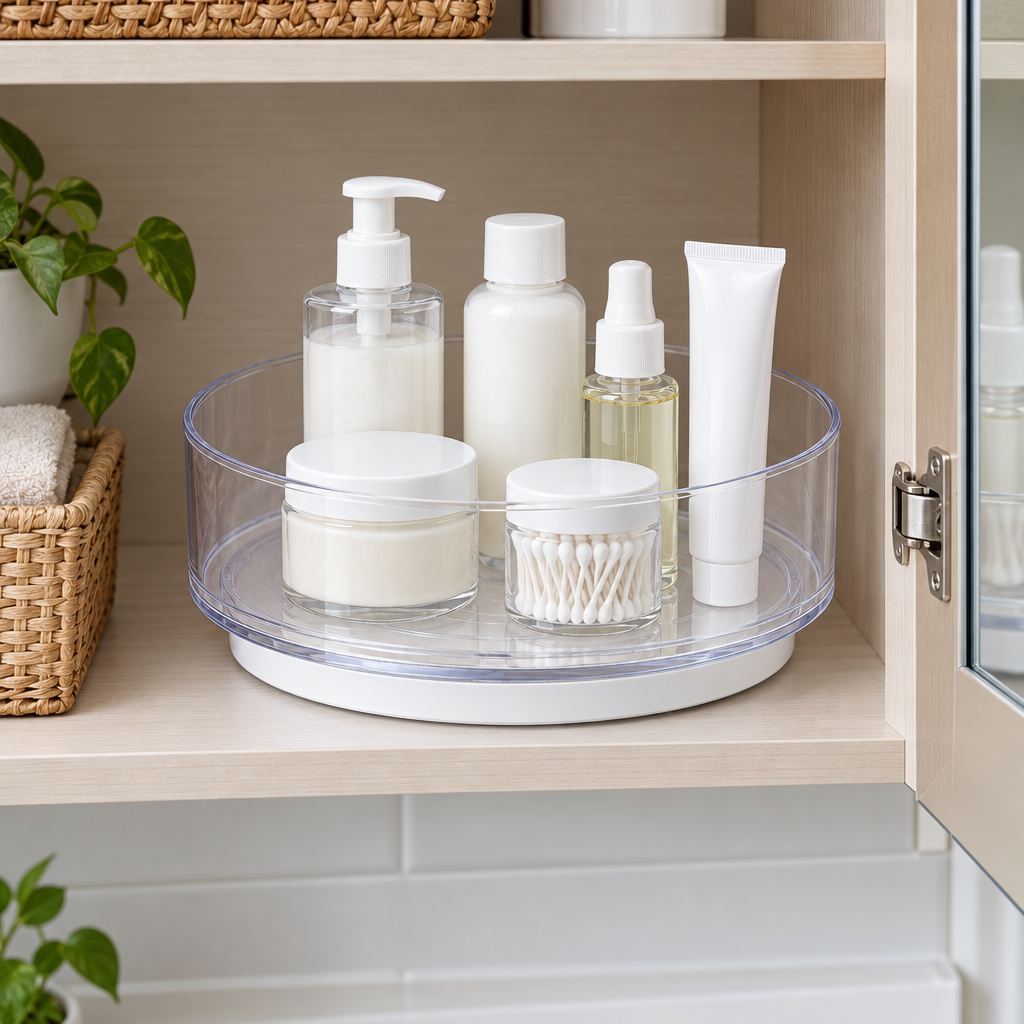 Clear rotating organizer inside a bathroom cabinet holding lotion bottles and personal-care items