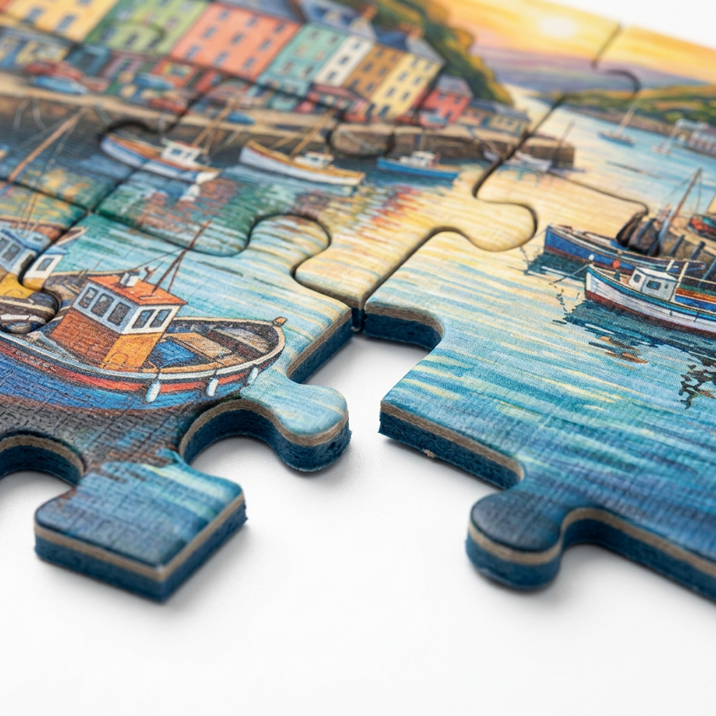 Detail close-up of custom puzzle pieces showing 2mm blue-core paperboard, interlocking tabs, and linen texture on white background
