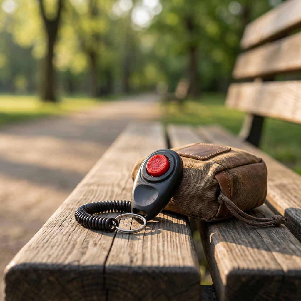 Dog training clicker resting on outdoor park bench beside a canvas treat training pouch
