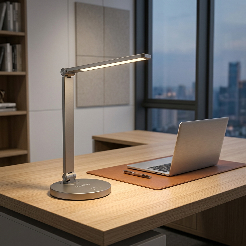 Custom executive space gray LED desk lamp providing warm task lighting on an office desk