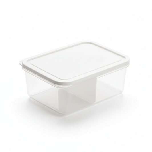 Rectangular clear food storage box with removable white divider and snap lid on pure white background