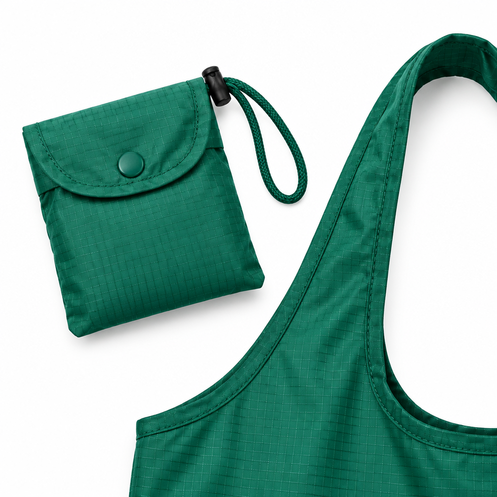 Close-up of the foldable shopping bag compact pocket pouch with snap closure and stitched handle seam