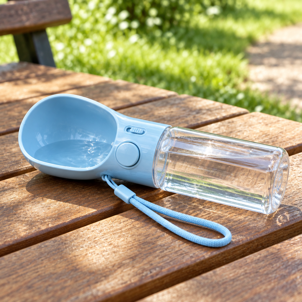 Portable dog water bottle with water filled in drinking trough on wooden park bench outdoors