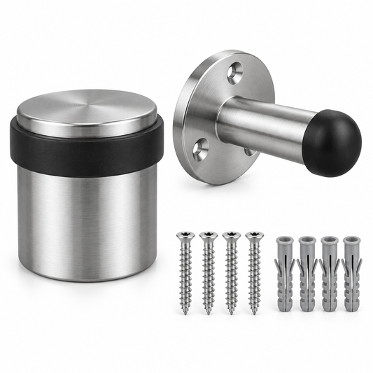 Heavy-duty cylindrical floor-mounted and wall-mounted stainless steel door stoppers with dense rubber bumpers and mounting hardware on a pure white background
