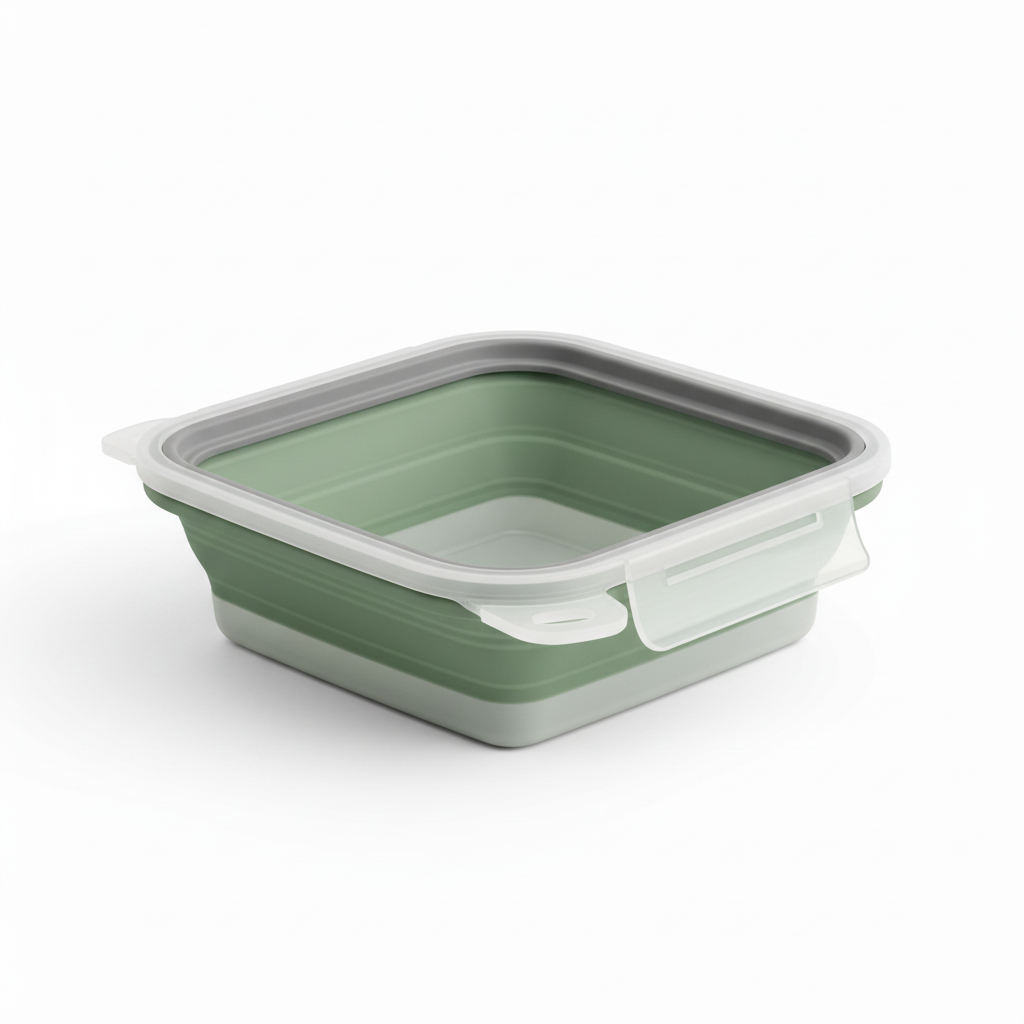 Collapsible silicone food container highlighting flexible wall construction on pure white background