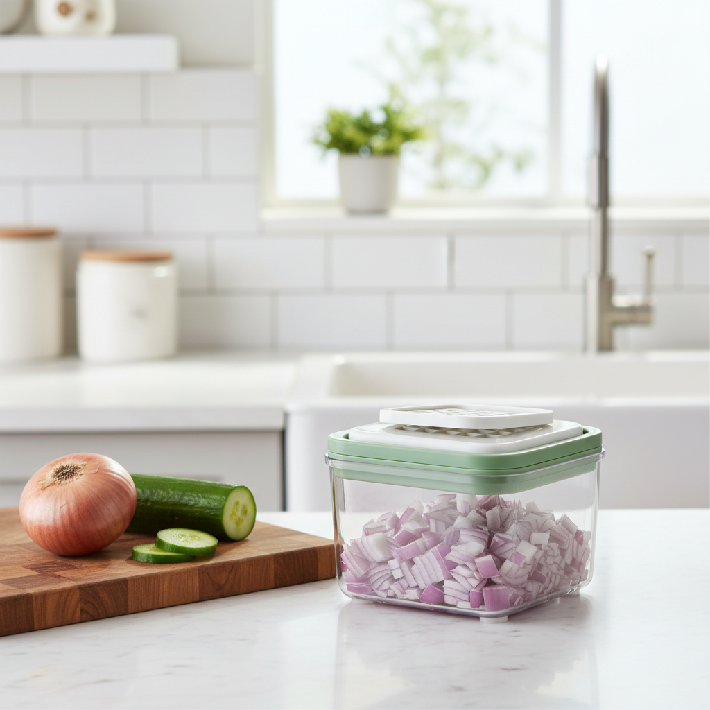 Multi-function vegetable chopper dicing red onion on marble kitchen counter with diced pieces in clear container