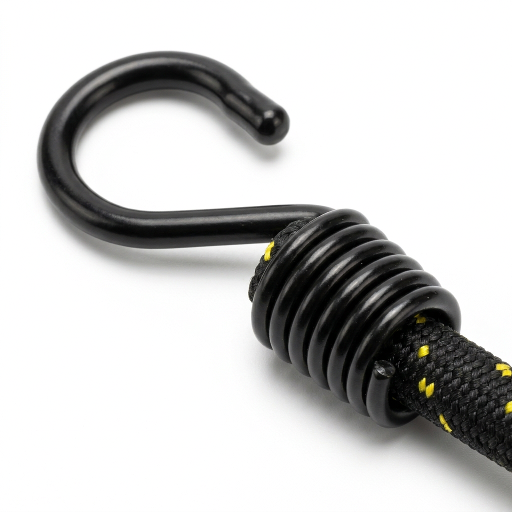Macro close-up detail of vinyl-coated steel hook, protective tip, crimped steel coil ferrule, and braided cord weave on pure white background