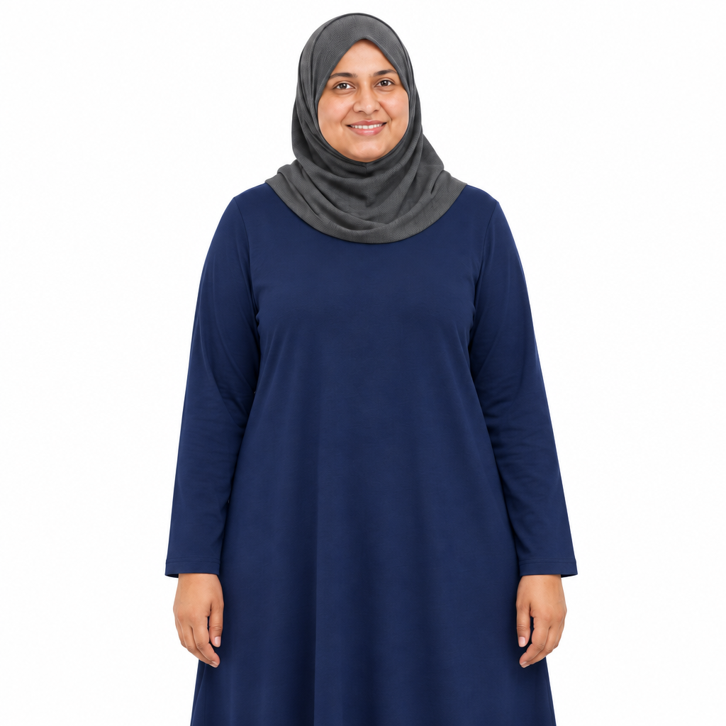 Close view of the round neckline, long sleeves and plain fabric of a navy modest maxi dress