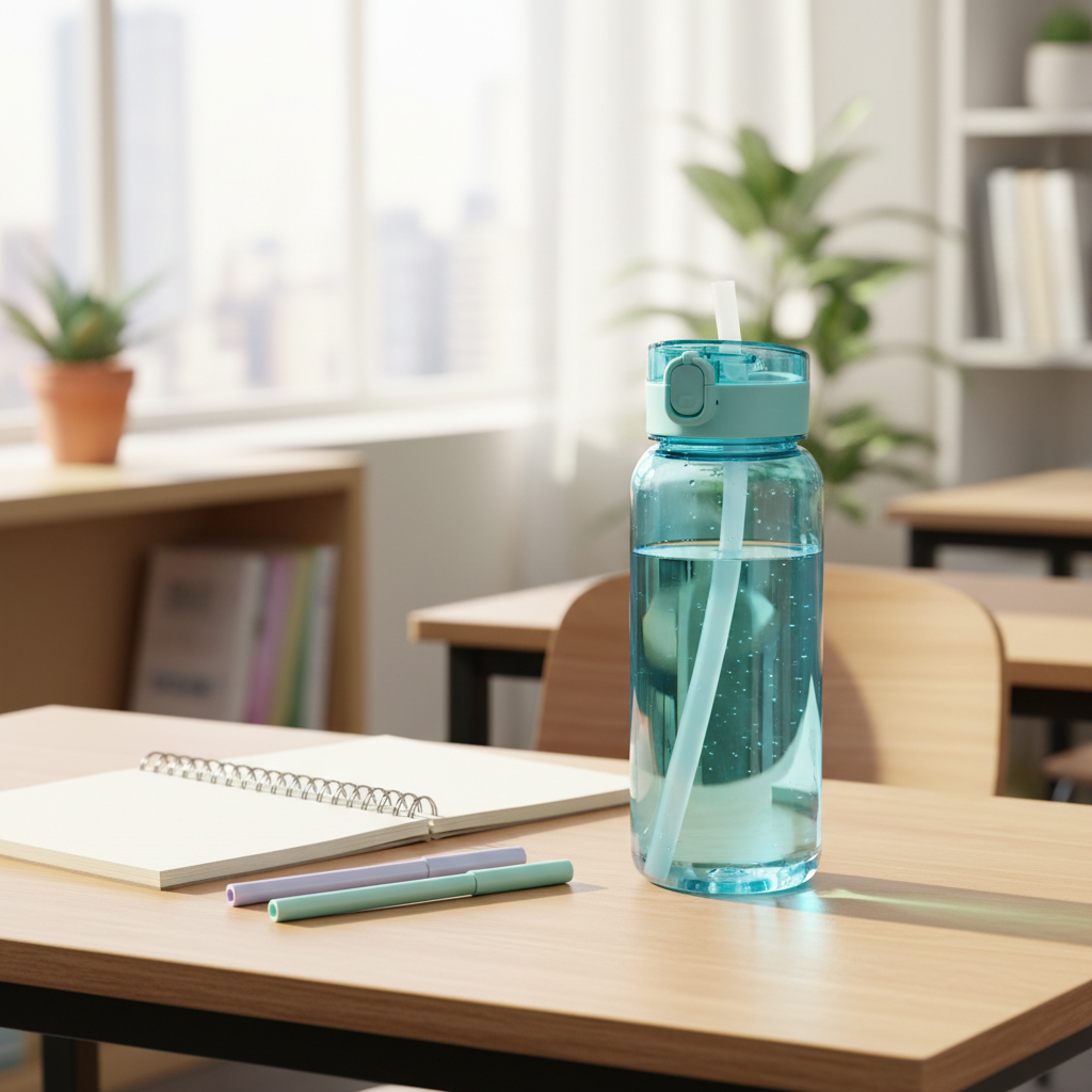 Plastic water bottle with straw on study desk next to notebook and pens