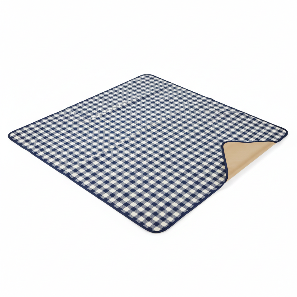 Large navy blue and cream gingham picnic blanket fully opened on a pure white background with navy binding and a lifted corner showing tan backing.