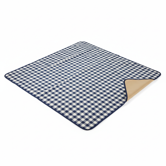 Large navy blue and cream gingham picnic blanket fully opened on a pure white background with navy binding and a lifted corner showing tan backing.