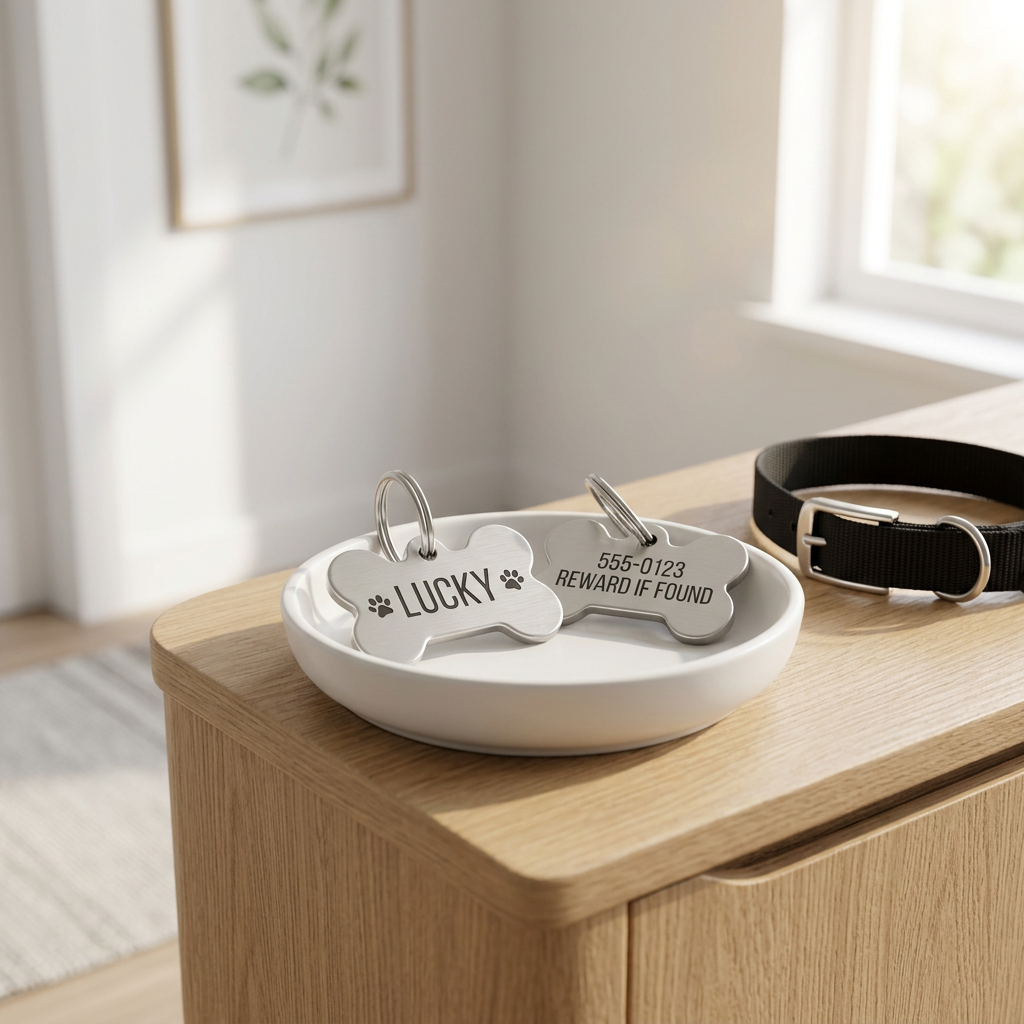 Stainless steel pet ID tag resting inside a ceramic tray beside a dog collar on an entryway table