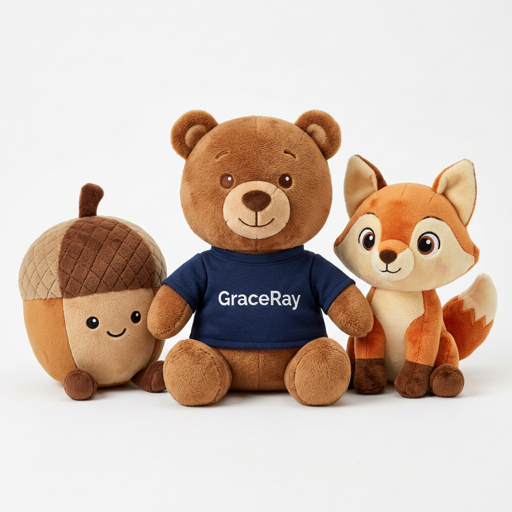 Custom plush mascots in different shapes with embroidered facial details and brand-inspired designs.