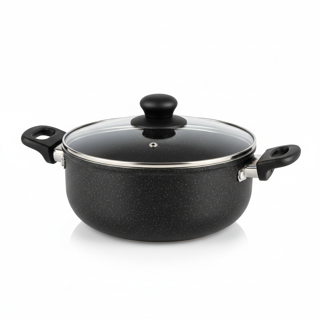 Lightweight non-stick cooking pot with tempered glass lid on pure white background