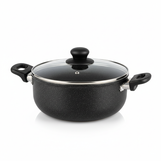 Lightweight non-stick cooking pot with tempered glass lid on pure white background