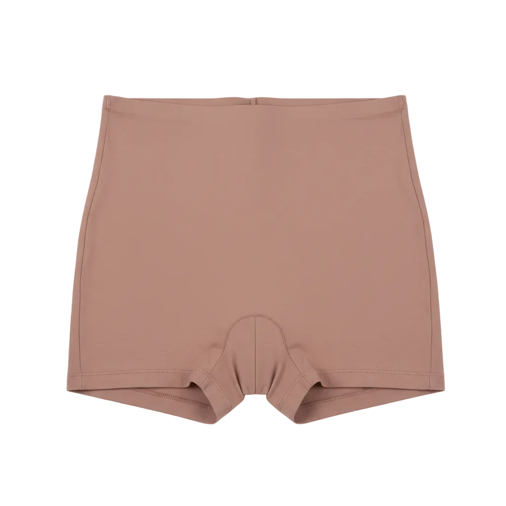 Front view of high waist shaping shorts with mid-thigh length in warm mauve on white background