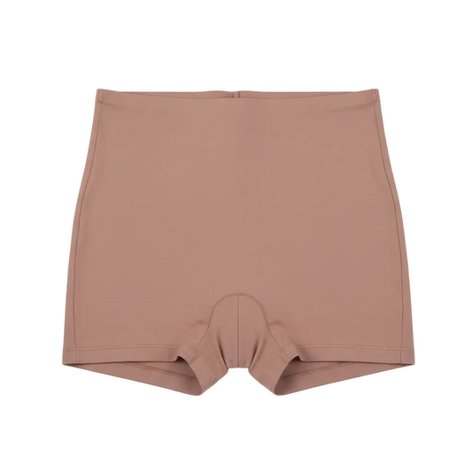Front view of high waist shaping shorts with mid-thigh length in warm mauve on white background