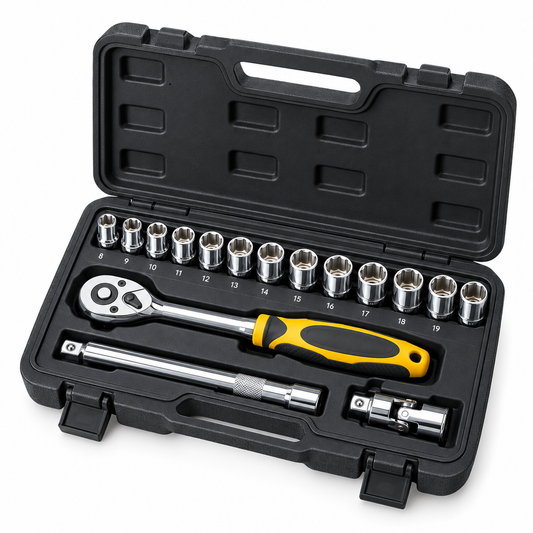 Complete metric ratchet socket tool set with quick-release ratchet handle and extension bar organized in a heavy-duty blow-molded case on a seamless pure white background