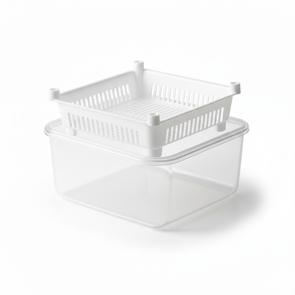 Close-up of removable slotted drainage colander tray with raised feet resting above clear container on pure white background