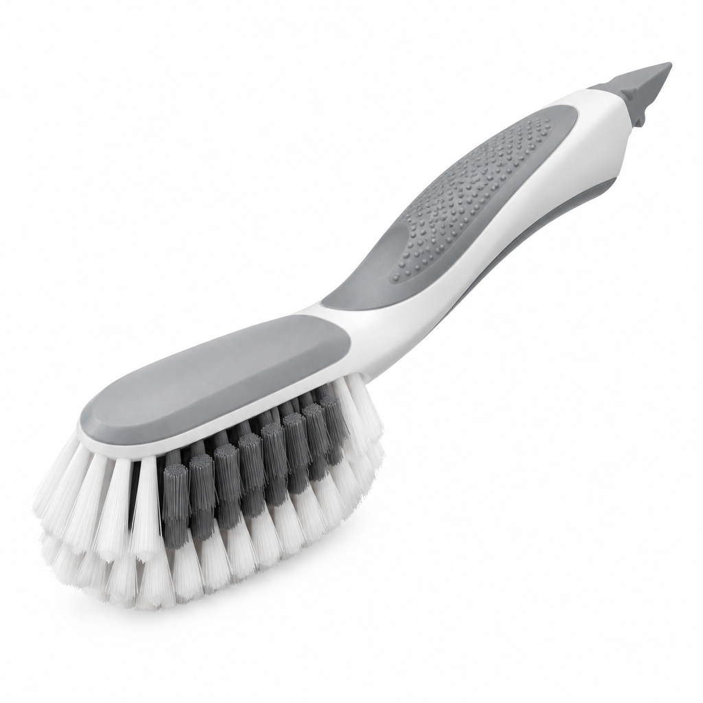 Ergonomic dual-stiffness shoe cleaning brush with non-slip handle grip on white background