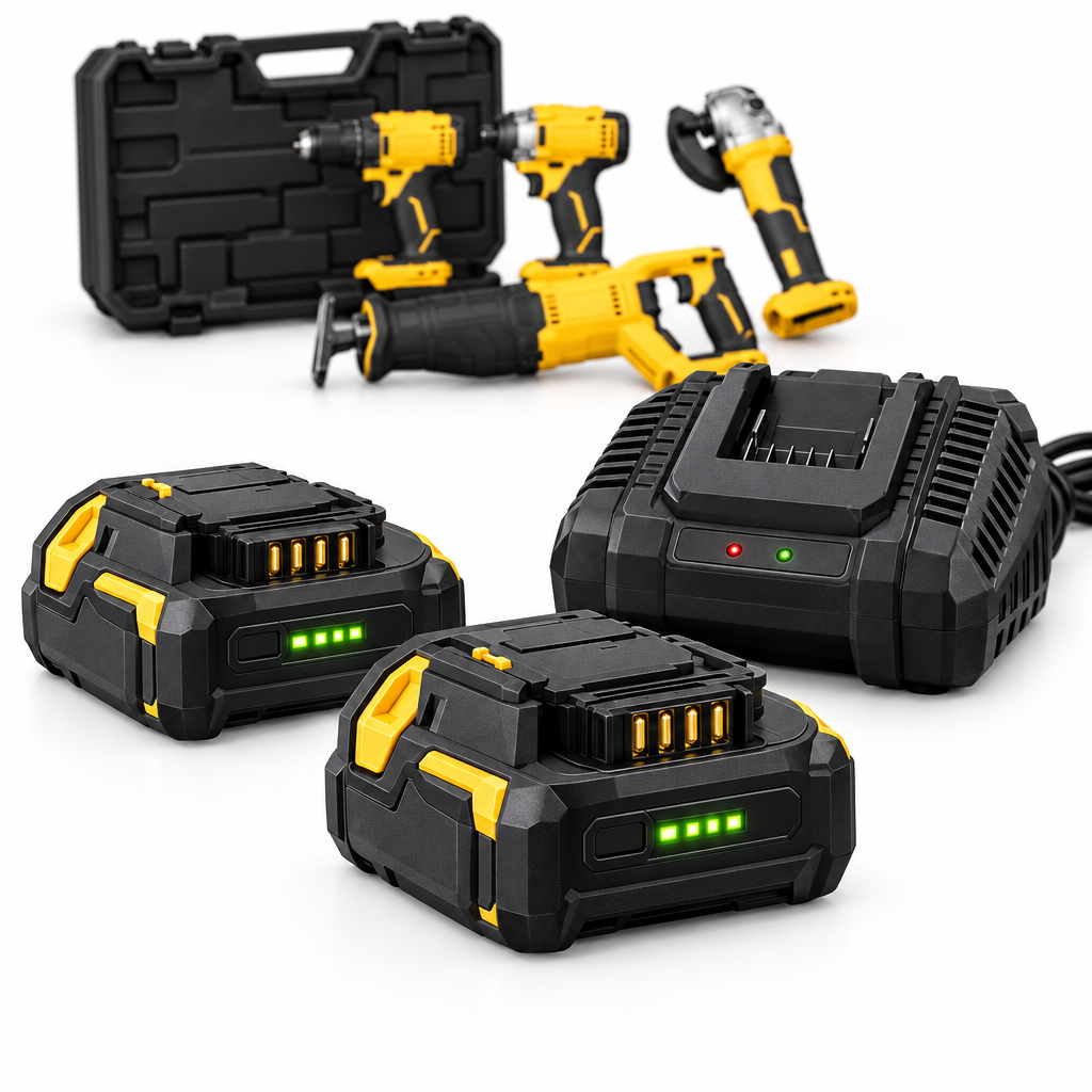 Close-up macro view of the two 20V lithium-ion battery packs with LED fuel gauges and desktop fast charger on a pure white background