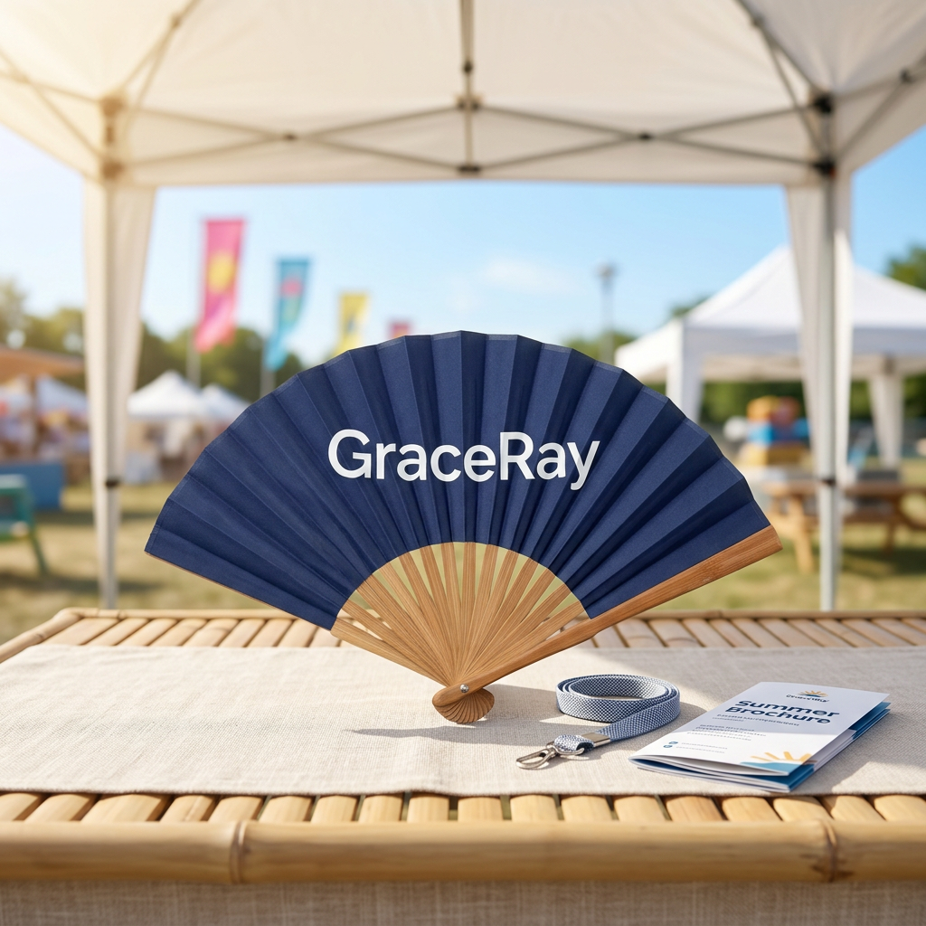 Custom promotional folding hand fan neatly displayed on an outdoor event table under a canopy on a sunny afternoon