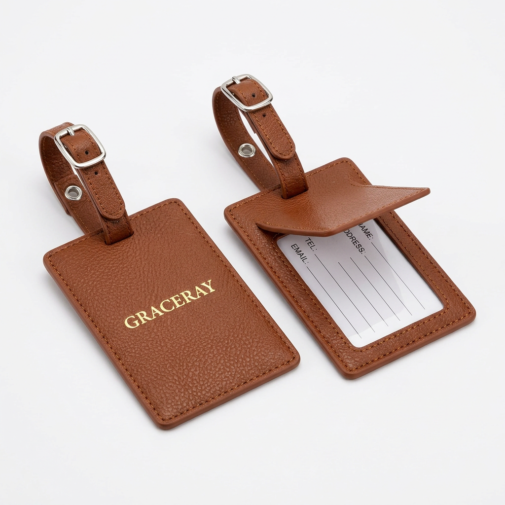 Custom printed luggage tag with an identification area and attachment strap for travel luggage.