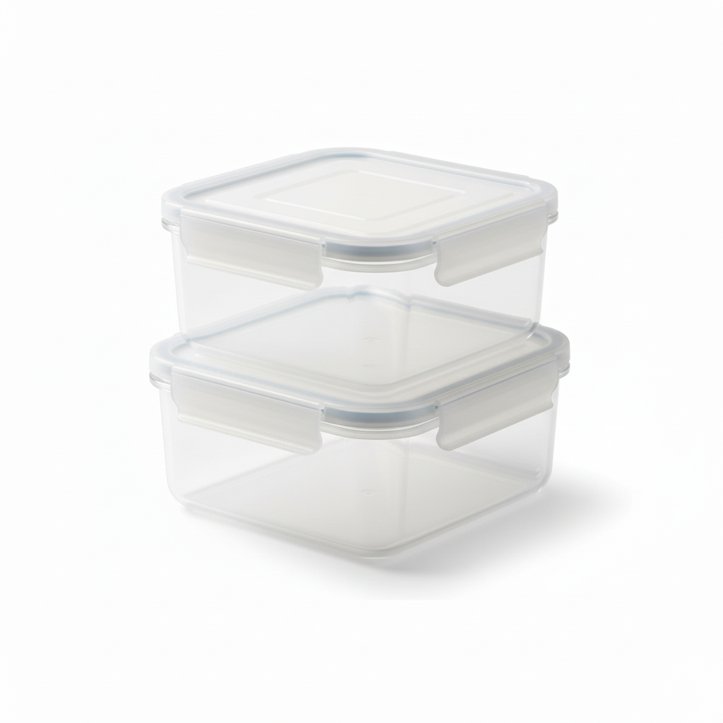 Two airtight rectangular food storage containers stacked modularly on pure white background