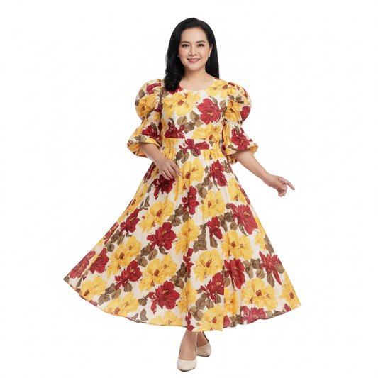 Women’s Puff Sleeve Midi Dress with Feminine Gathered Sleeves