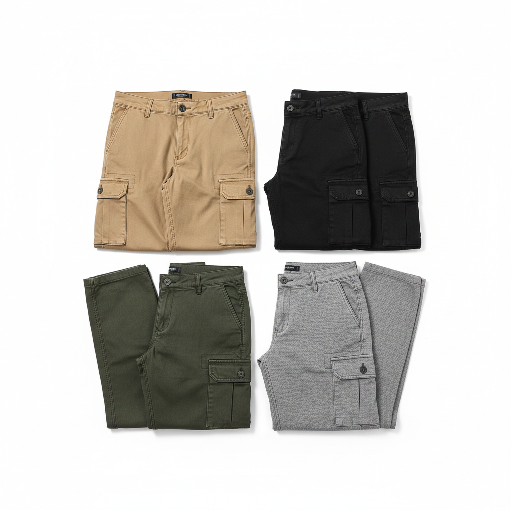 Multiple cargo pants colors flat lay