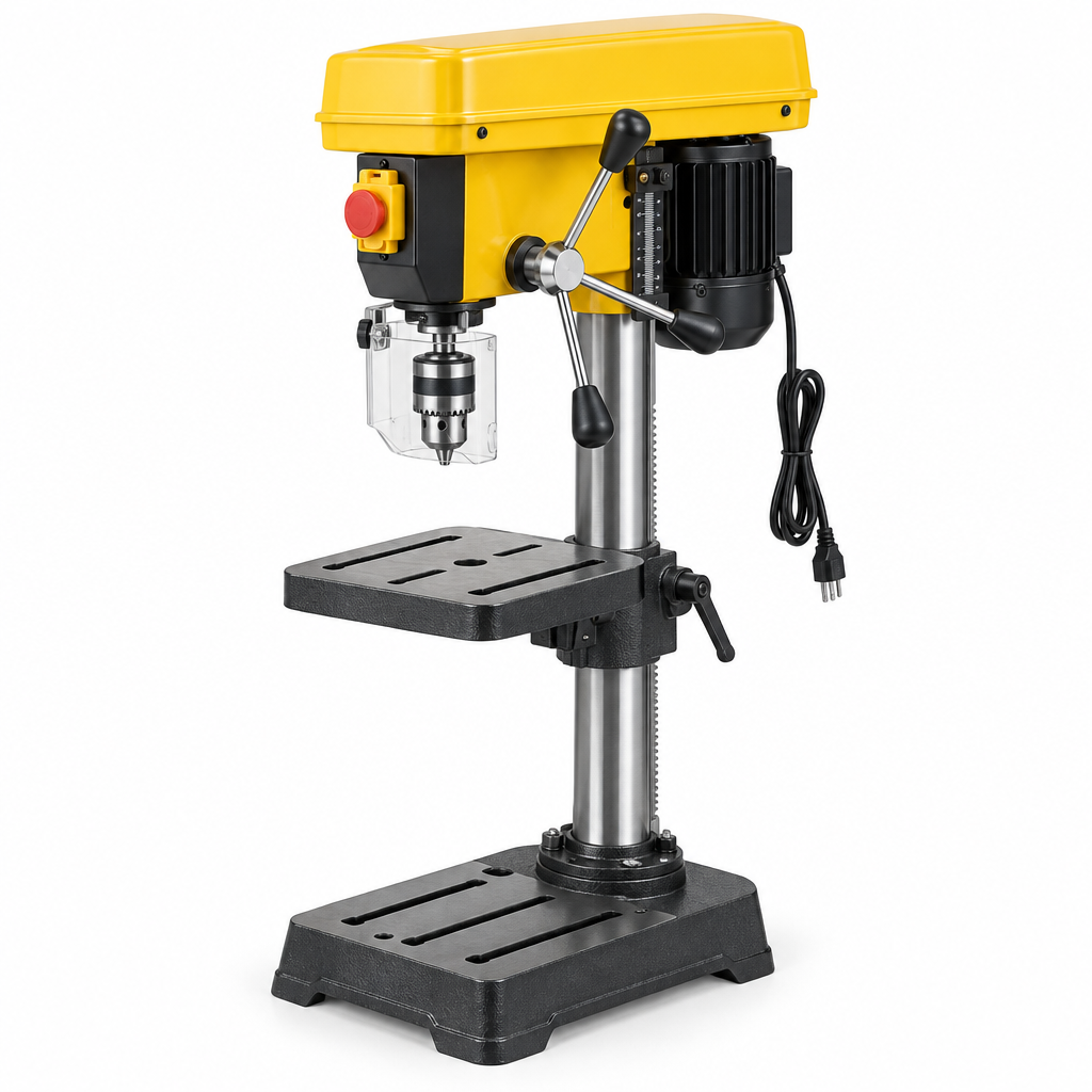 550W benchtop electric drill press with cast iron base, vertical steel column, slotted worktable, chuck guard, and emergency stop switch on a pure white background