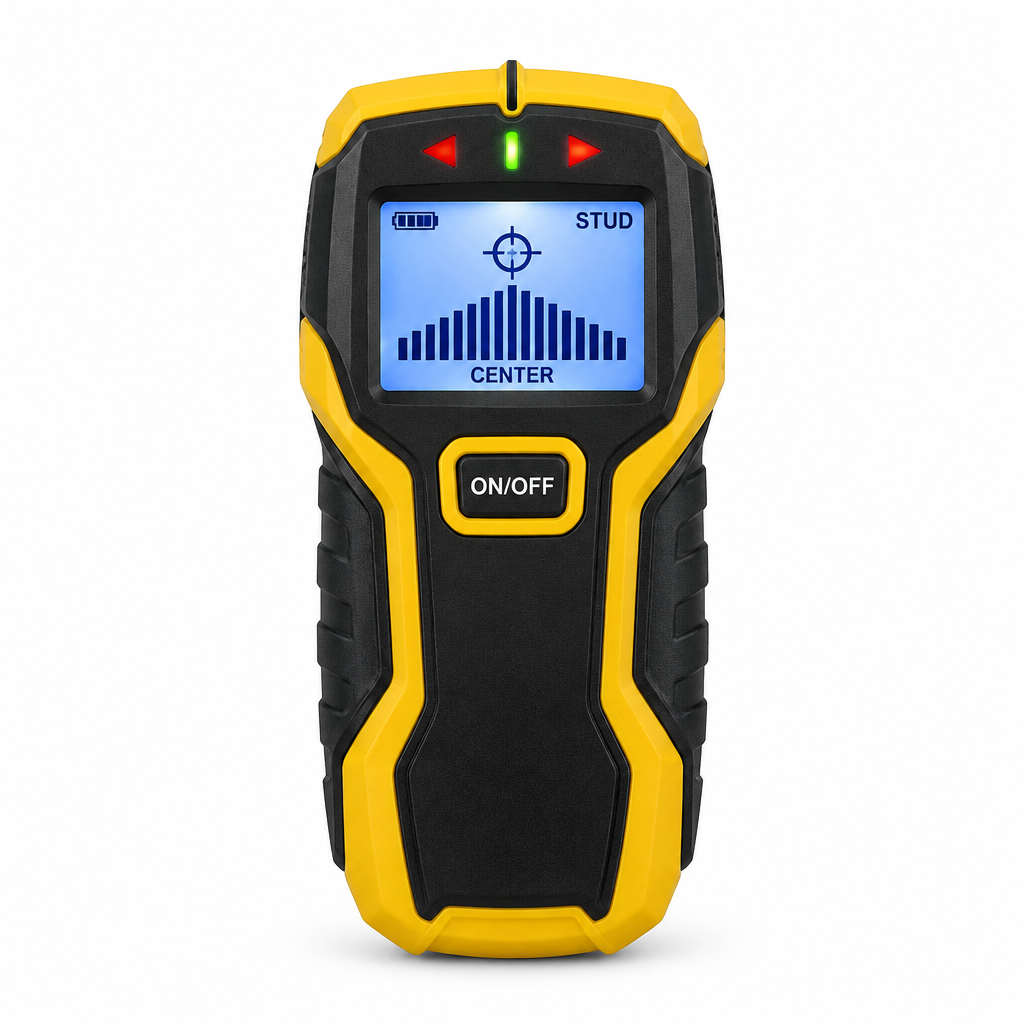 Handheld electronic stud finder wall scanner with backlit LCD screen on a pure white background with comfortable margins