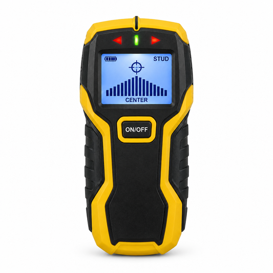 Handheld electronic stud finder wall scanner with backlit LCD screen on a pure white background with comfortable margins