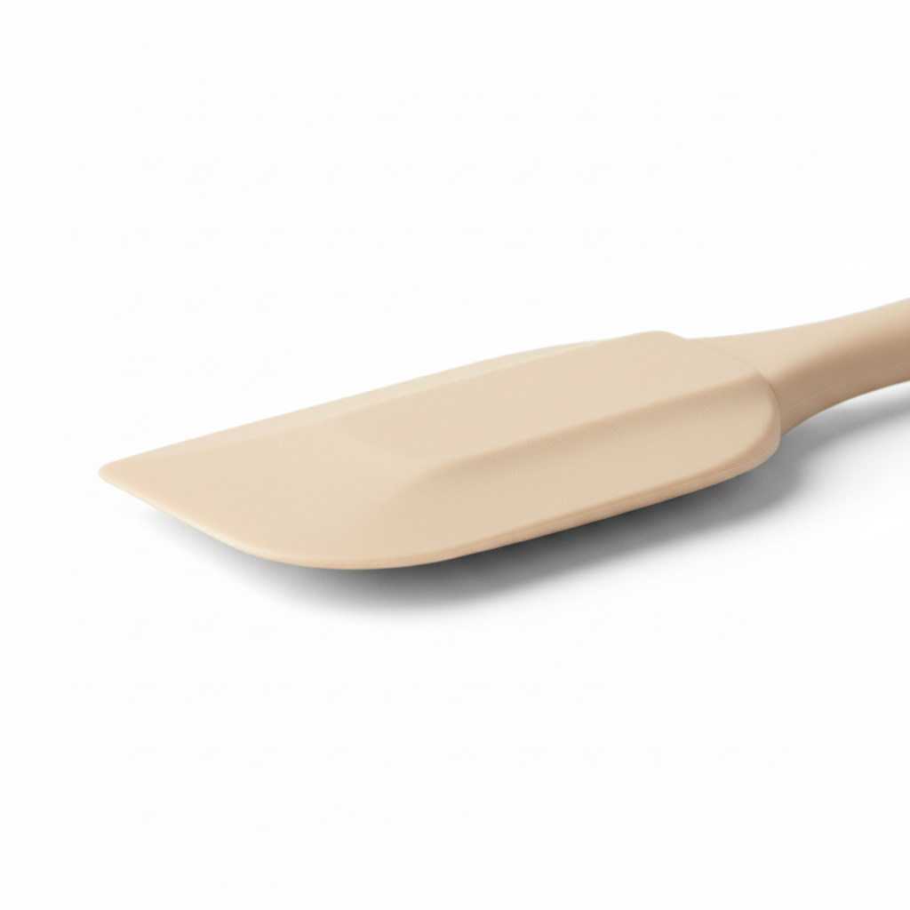 Macro detail of thin flexible beveled scraping edge on seamless silicone spatula