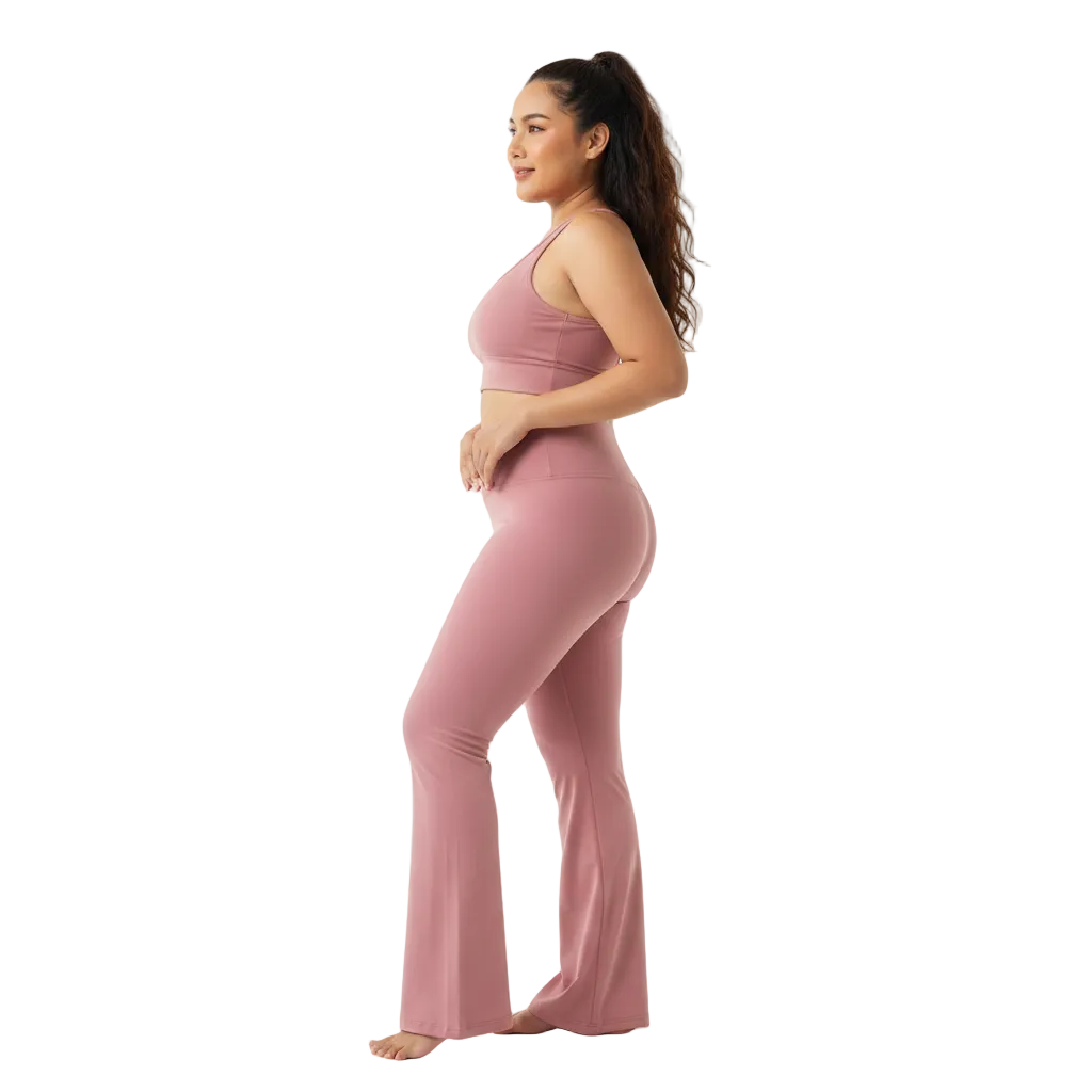 Thai model wearing dusty rose flare yoga pants side view