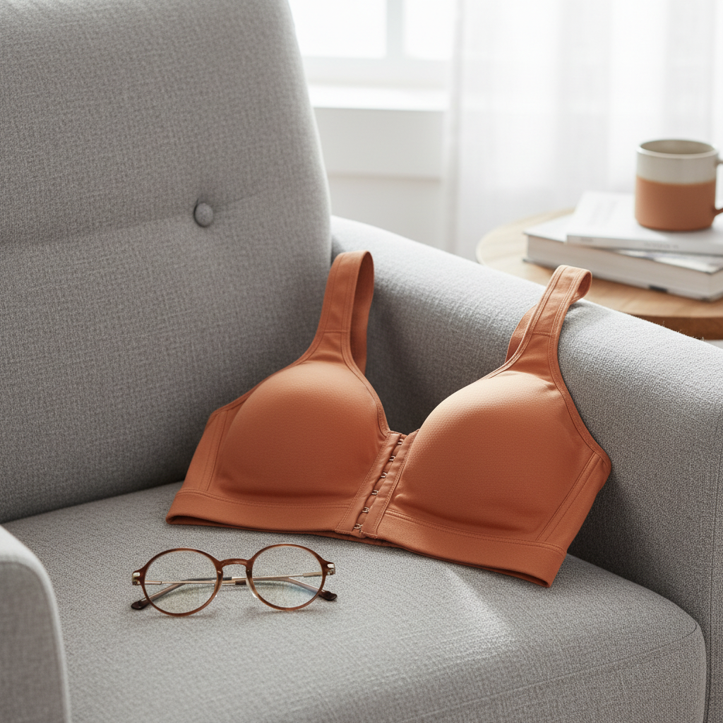 Lifestyle view of front closure bra folded on a softly textured grey armchair