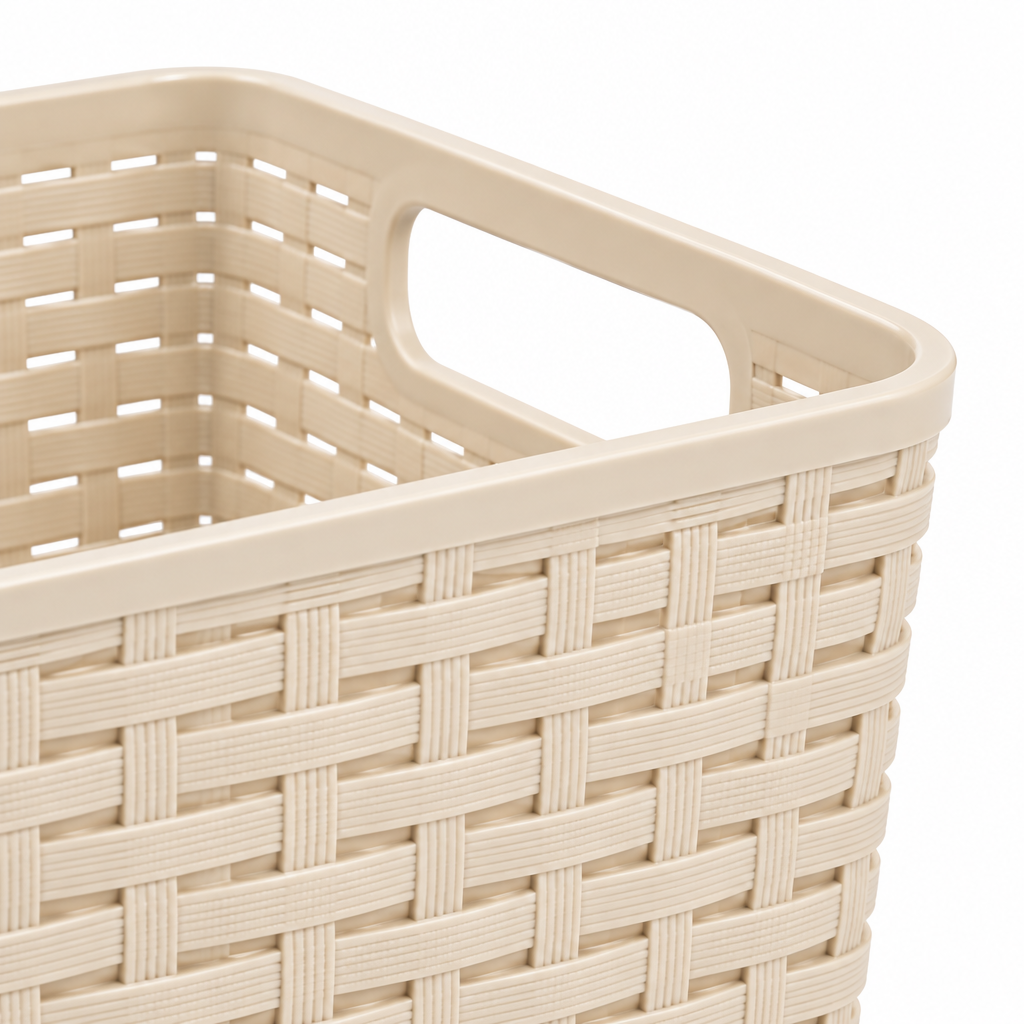 Close-up of the storage basket cut-out carry handle and woven pattern texture