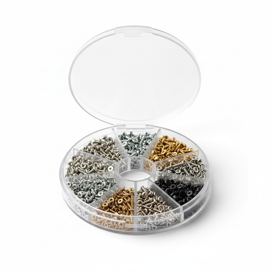 Universal eyeglass screw assortment in transparent organizer case on white background