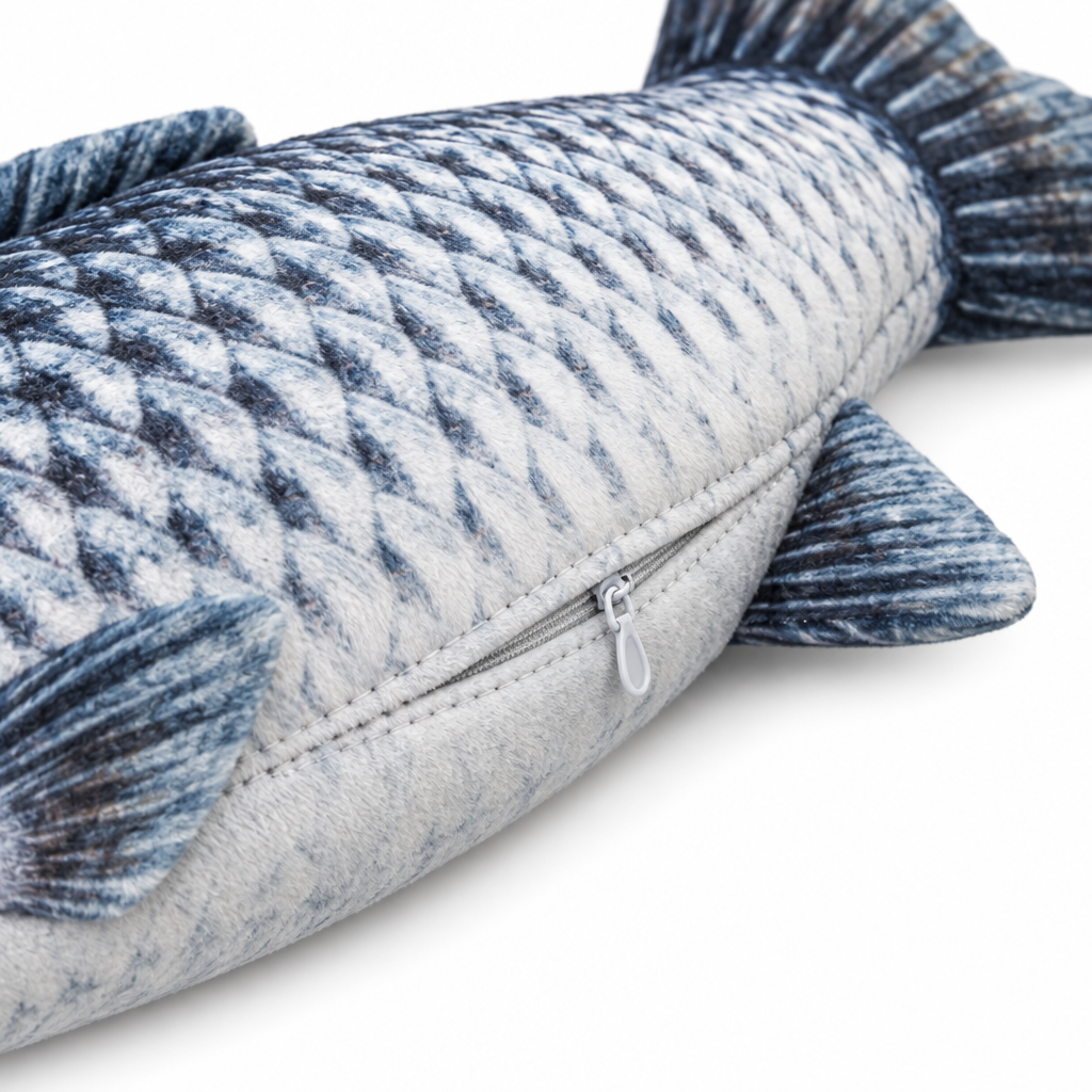 Macro close-up detail of belly zipper closure, edge stitching, and 3D printed scales on plush fish cat toy