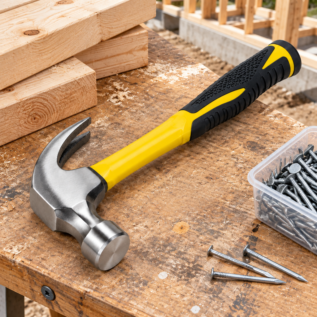 Claw hammer resting on a carpentry workbench beside timber framing planks and steel nails in an active workshop