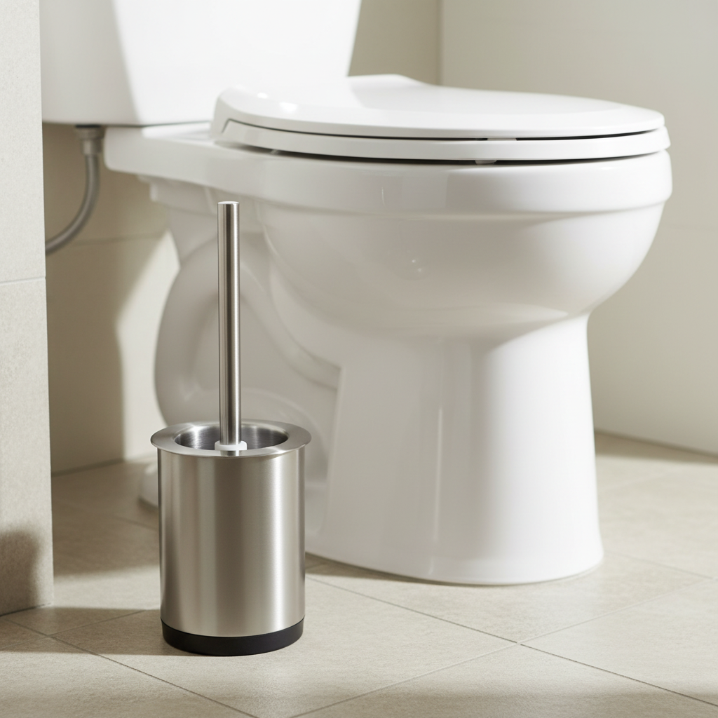 Stainless steel hotel toilet brush and holder set placed discreetly beside white hotel toilet on neutral stone tile floor, clean hygienic mid-range international hotel bathroom