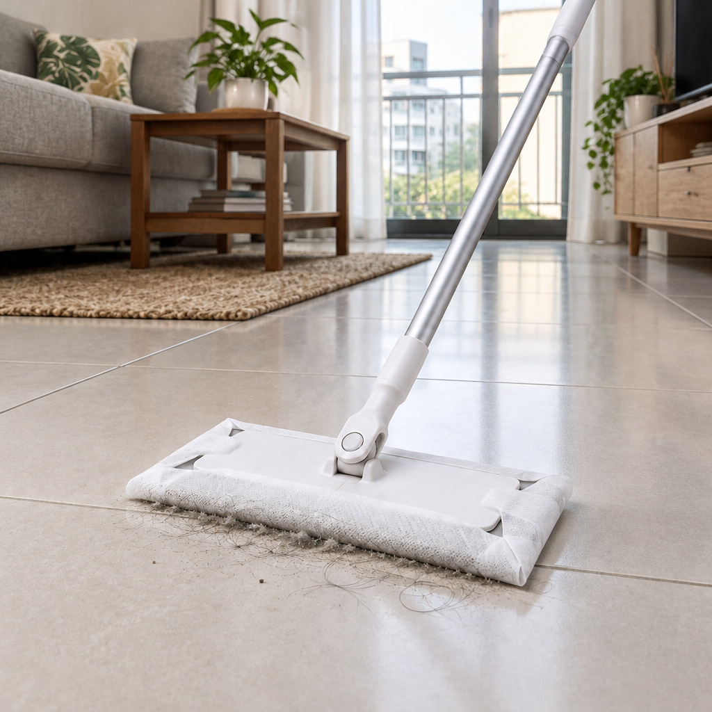 Electrostatic dust mop collecting loose dust and hair on smooth tiled flooring in a Philippine apartment