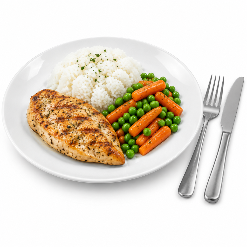 Round durable white glazed ceramic dinner plate served with grilled chicken, rice, and vegetables with fork and knife on a seamless pure white background