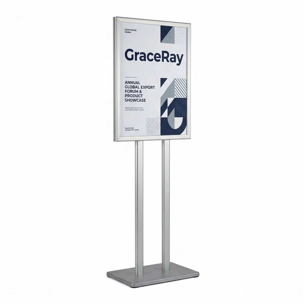 Freestanding exhibition poster stand displaying a printed promotional poster in a conference venue.