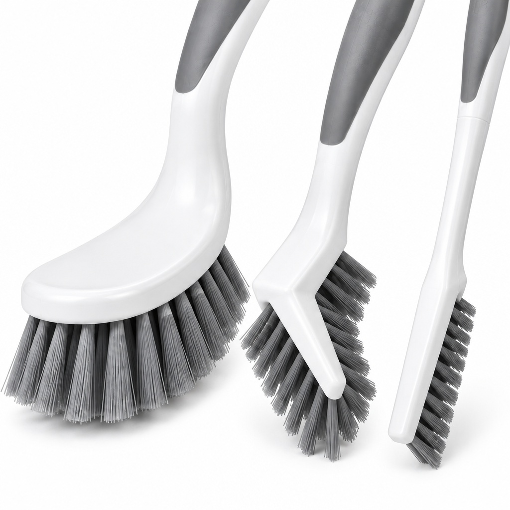Close-up of the 3-piece cleaning brush set showing different functional heads and bristle profiles