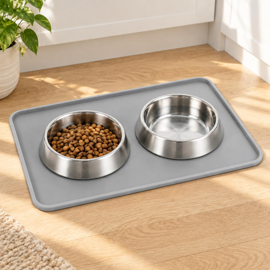 Silicone pet feeding mat with food and water bowls on light wood floor in clean home pet corner