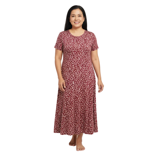 Front view of floral A-line midi dress on white background