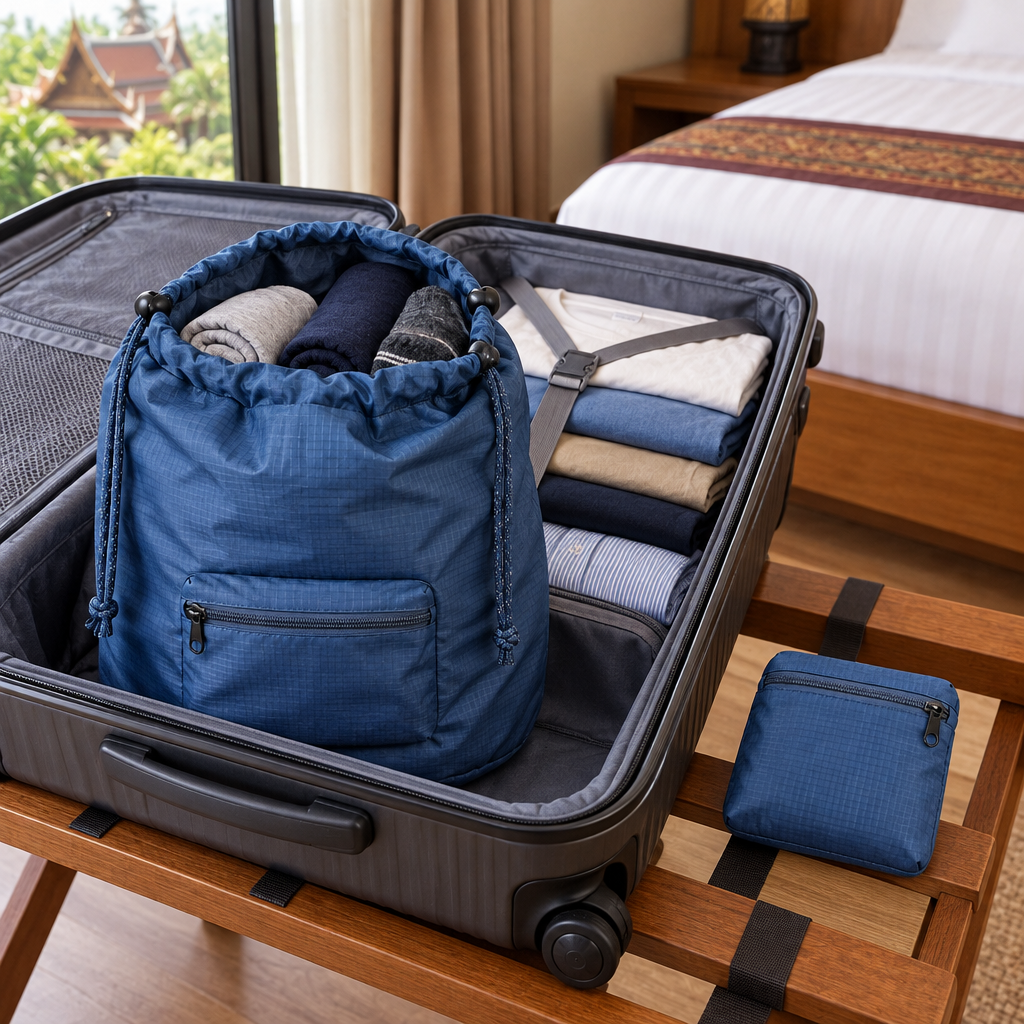Travel laundry bag inside an open suitcase in Thailand separating used clothing with a folded unit beside it