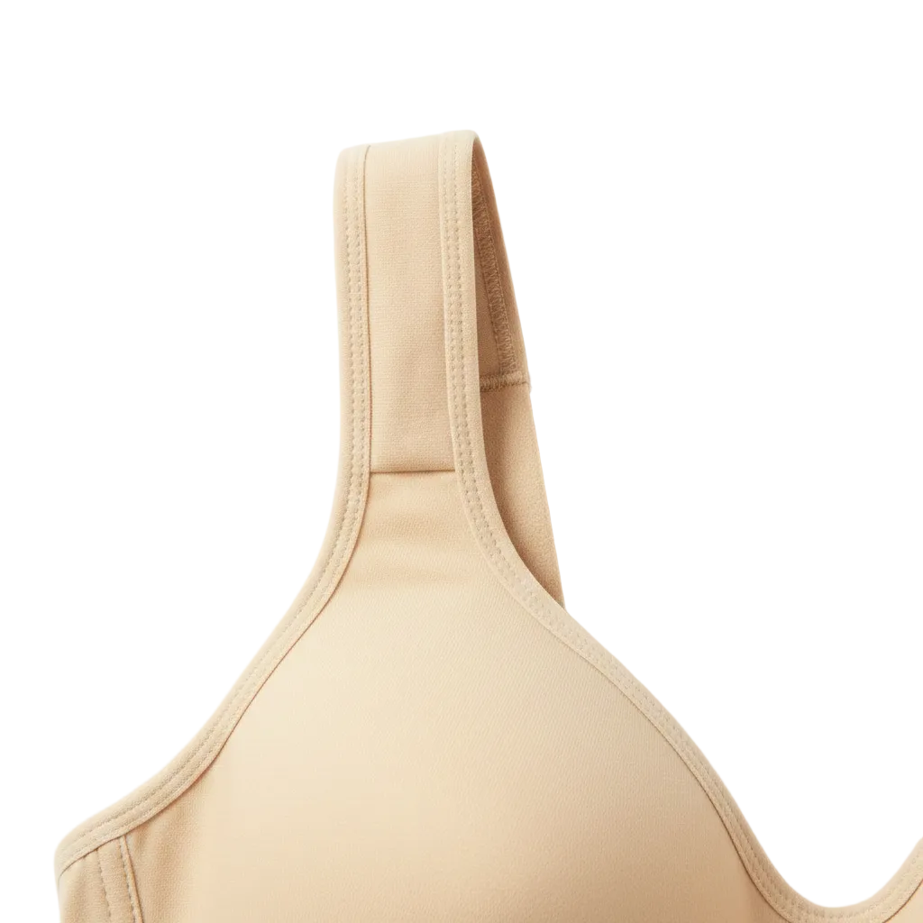 Extreme close-up of wide shoulder straps and breathable cotton cup texture